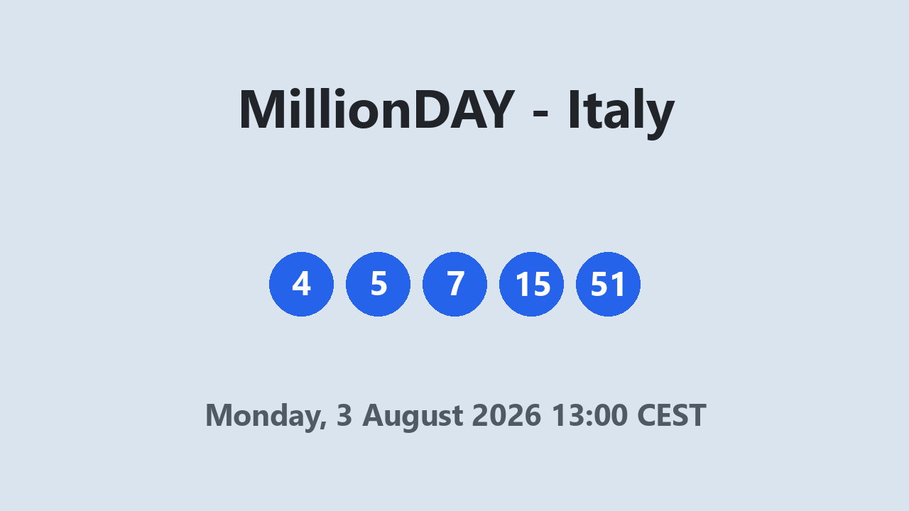 MillionDAY results 3 August 2026 13:00 CEST