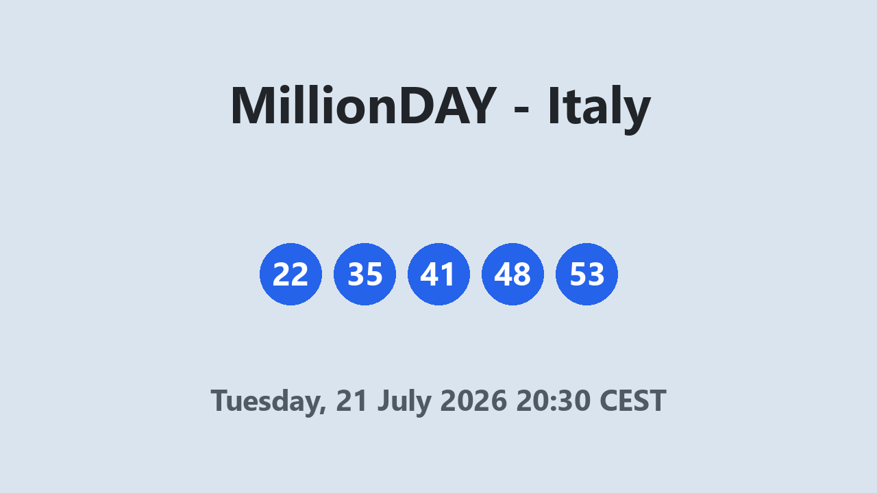 MillionDAY results 21 July 2026 20:30 CEST