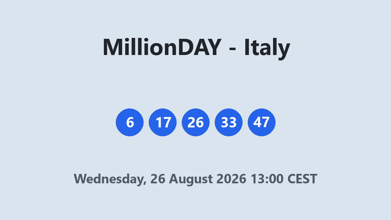 MillionDAY results 26 August 2026 13:00 CEST