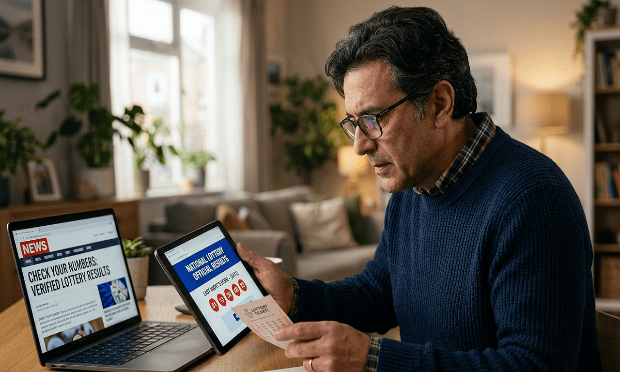 older man in blue blouse checking lottery coupon using computer and tablet, sitting in light big room